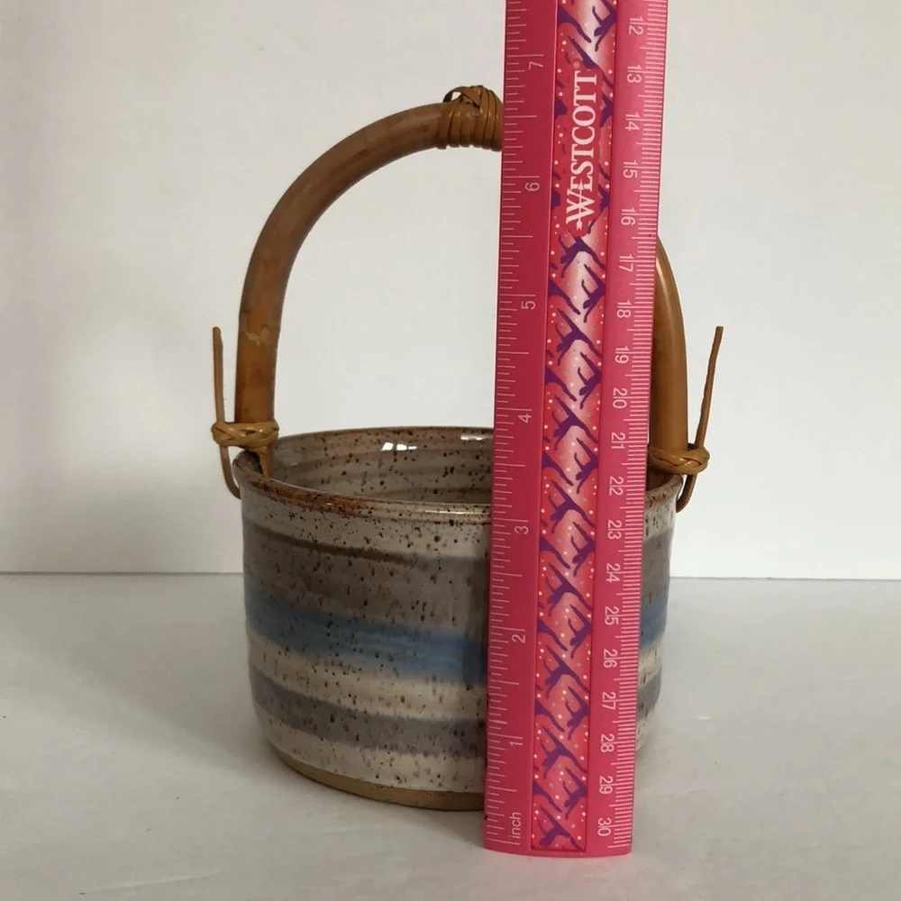 Art Pottery Glazed Basket Style Bowl With Bamboo Handle-Signed